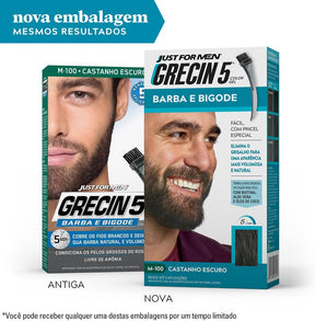 Just For Men Grecin 5 Color Gel, Barba e Bigode, Tonalizante que Elimina o Grisalho, Aparência Natural, Cor M100, Castanho Escuro, 28g