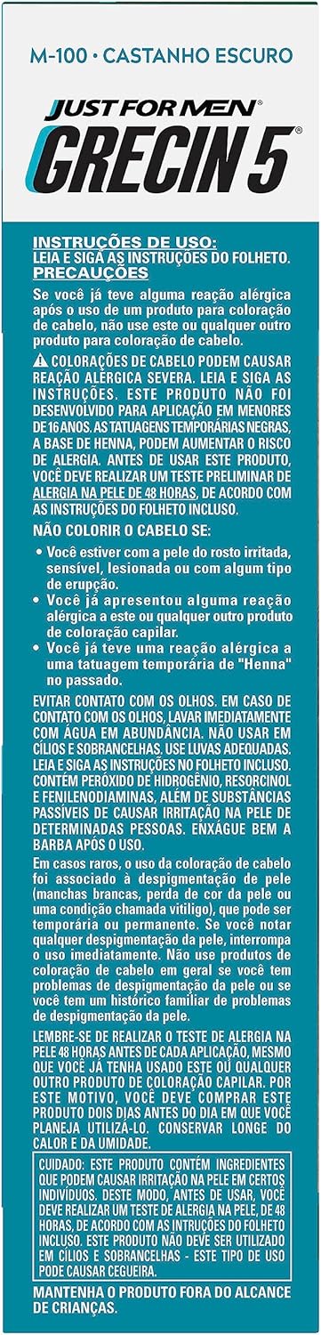 Just For Men Grecin 5 Color Gel, Barba e Bigode, Tonalizante que Elimina o Grisalho, Aparência Natural, Cor M100, Castanho Escuro, 28g