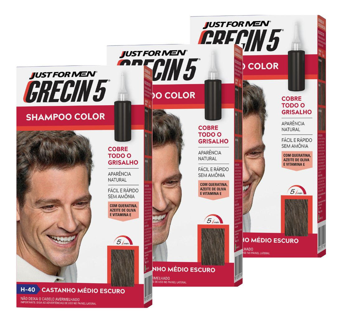 Kit com 3 Frascos Grecin 5 – Castanho Médio Escuro (Shampoo Tonalizante 60ml)