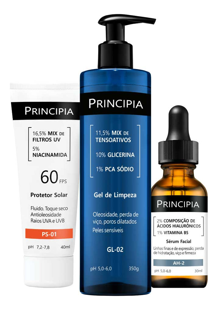 Principia Kit Primeira Rotina Skincare – Clareador, Antioxidante e Protetor Solar FPS60 | Pele Blindada 3 em 1